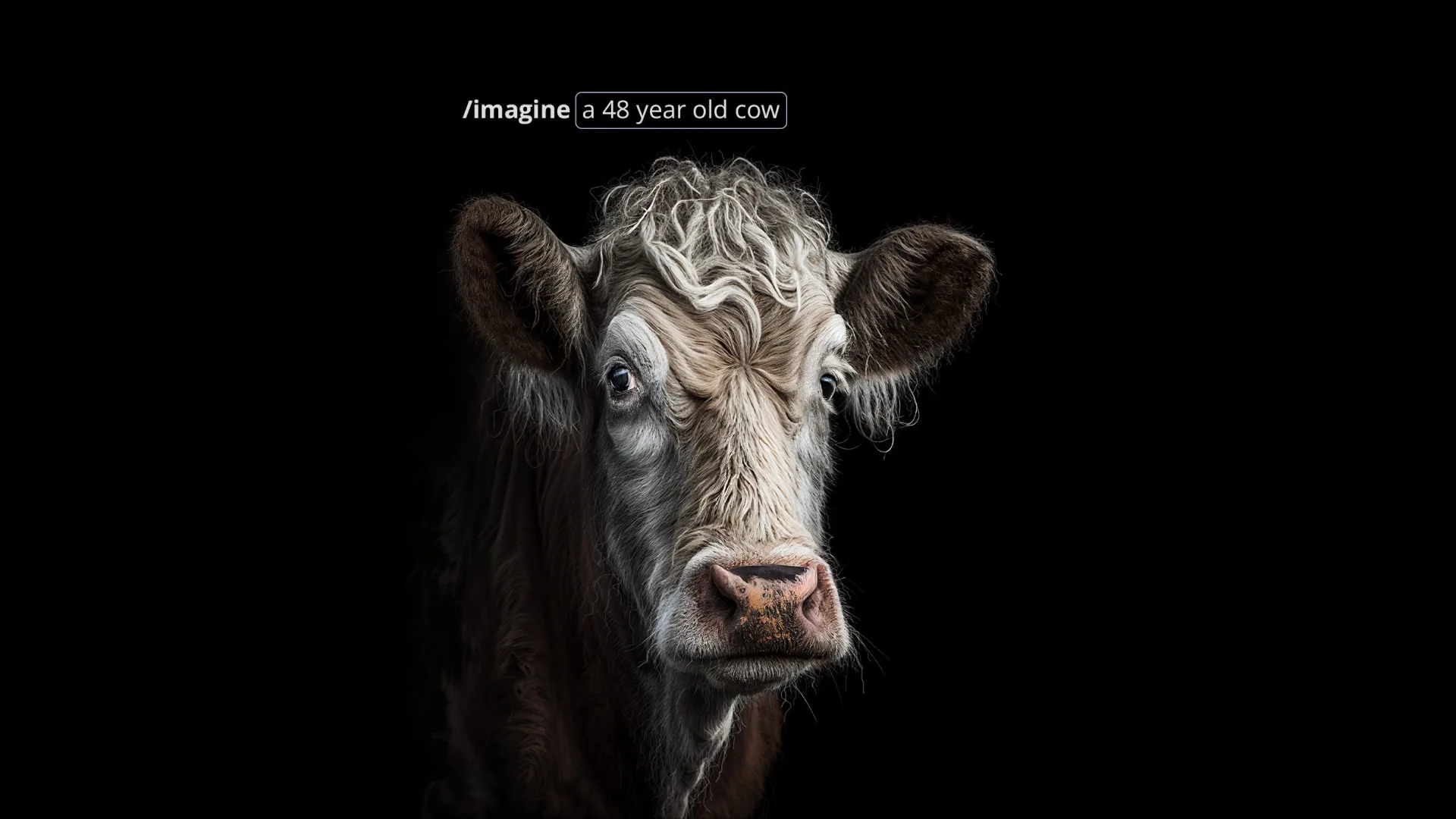 A cow with curly hair on its head stands against a solid black background. Text above its head reads, /imagine a 48 year old cow.