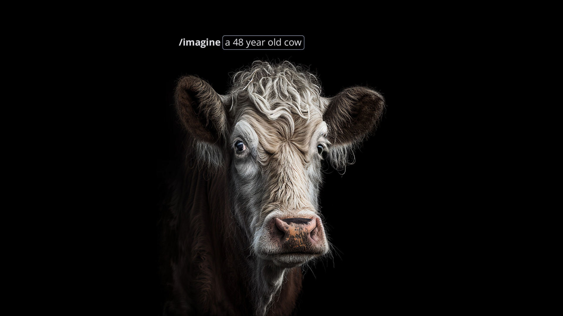 A cow with curly hair on its head stands against a solid black background. Text above its head reads, /imagine a 48 year old cow.