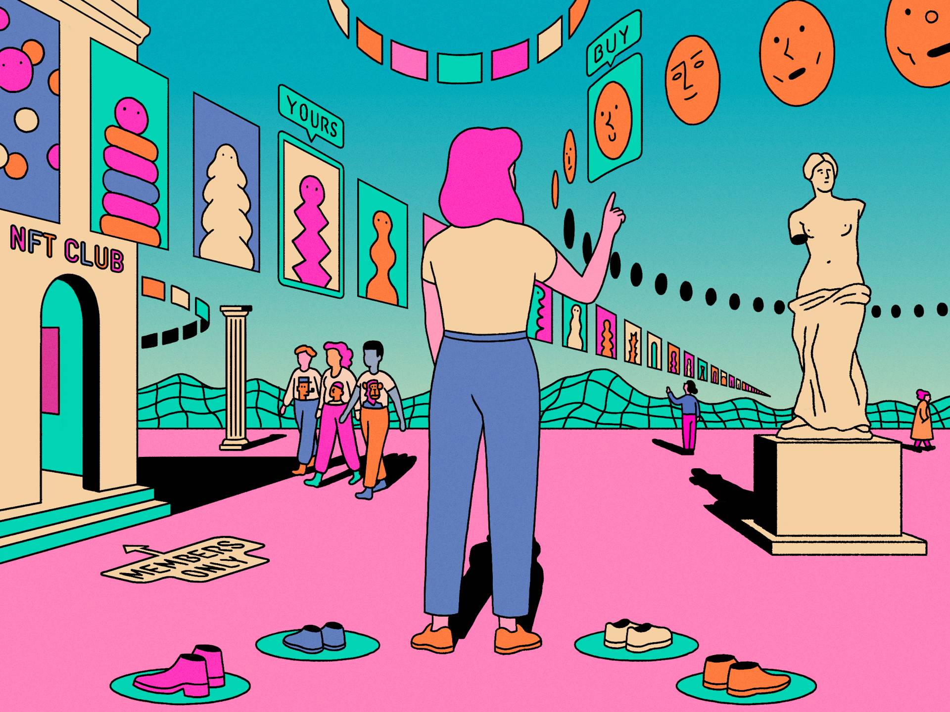 A person stands in a surreal, colorful digital art scene with NFTs, shoes, and statues. Signs read NFT CLUB and BUY YOURS. Various people and emoji faces float above, all in bright, bold colors.
