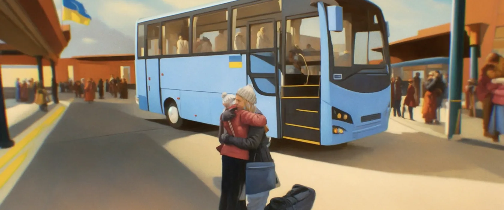 Two people embrace on a bus platform, with a large light blue bus behind them. Luggage sits nearby. Other people and another bus appear in the background, and a Ukrainian flag is visible at the left.