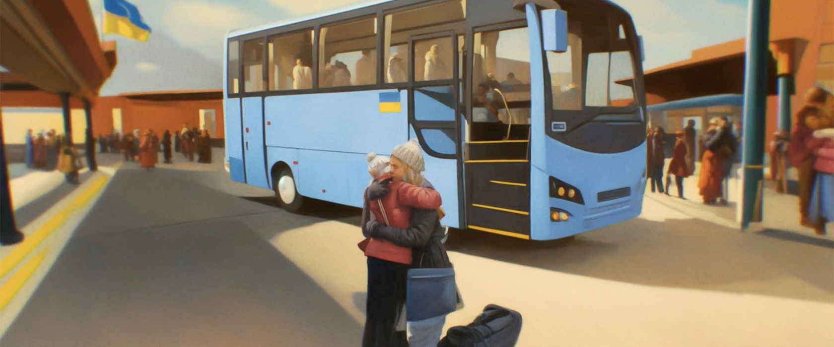 An illustration of a blue coach with a small Ukrainian flag on the side, in front of the coach a female embraces a child. In the background groups of people are talking and embracing and a Ukrainian flag flies in the distance.