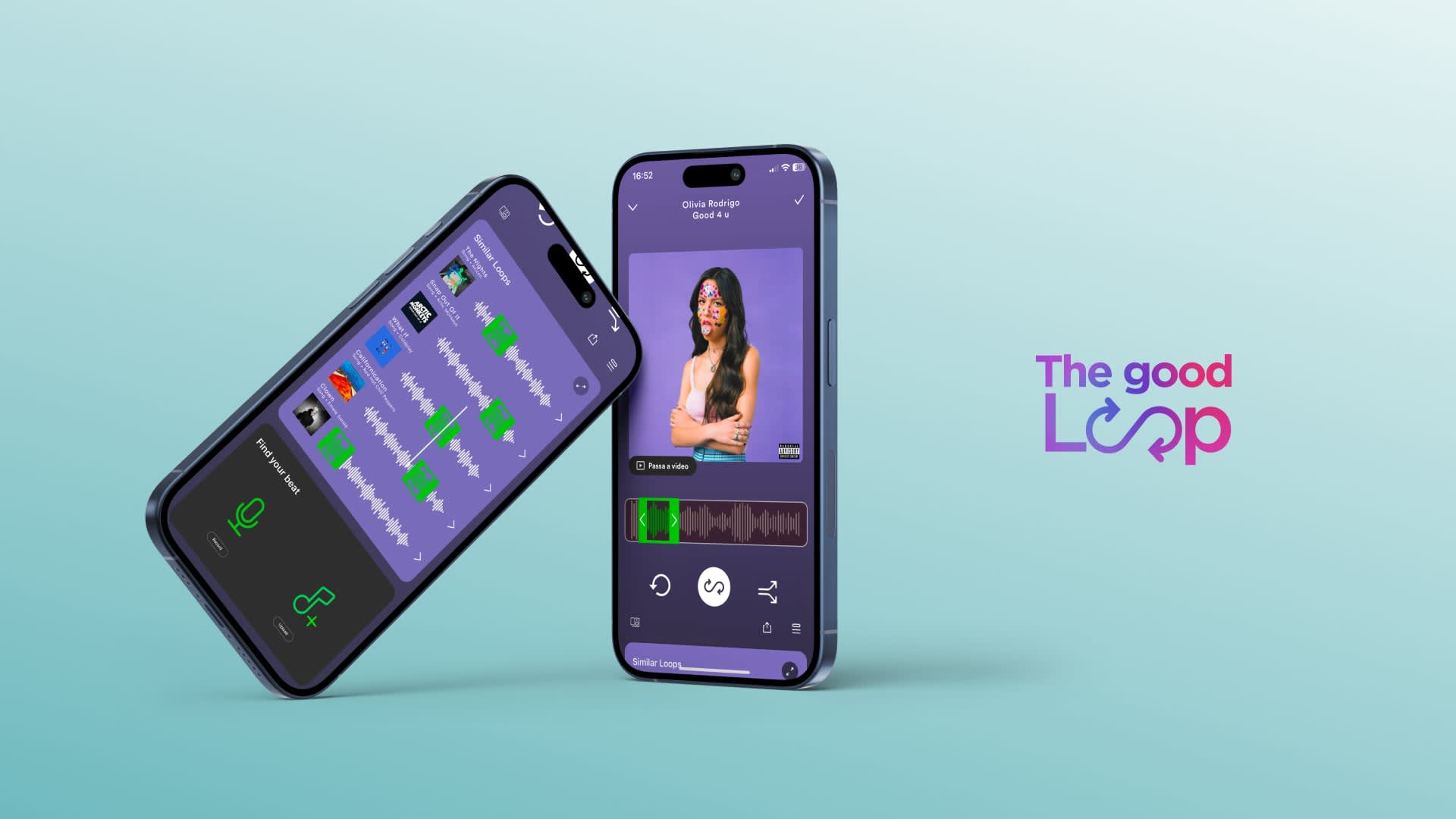 Two smartphones display a music editing app; one shows audio waveforms and controls, the other shows an artists photo with music playback. The text “The good Loop” is on the right with a stylized logo.