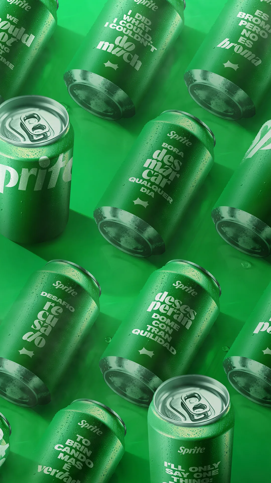 A pattern of green Sprite cans with condensation, each featuring different white phrases in Spanish and English, all set against a green background. The cans are arranged at various angles.