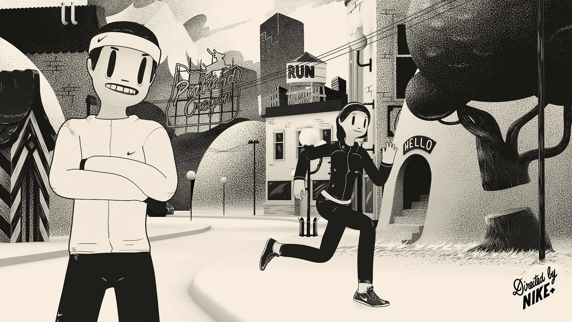 A black-and-white cartoon shows a smiling man wearing athletic clothes and a headband, standing in the foreground, while a woman jogs past cheerful buildings with signs like “RUN” and “HELLO.” The scene is branded by Nike.