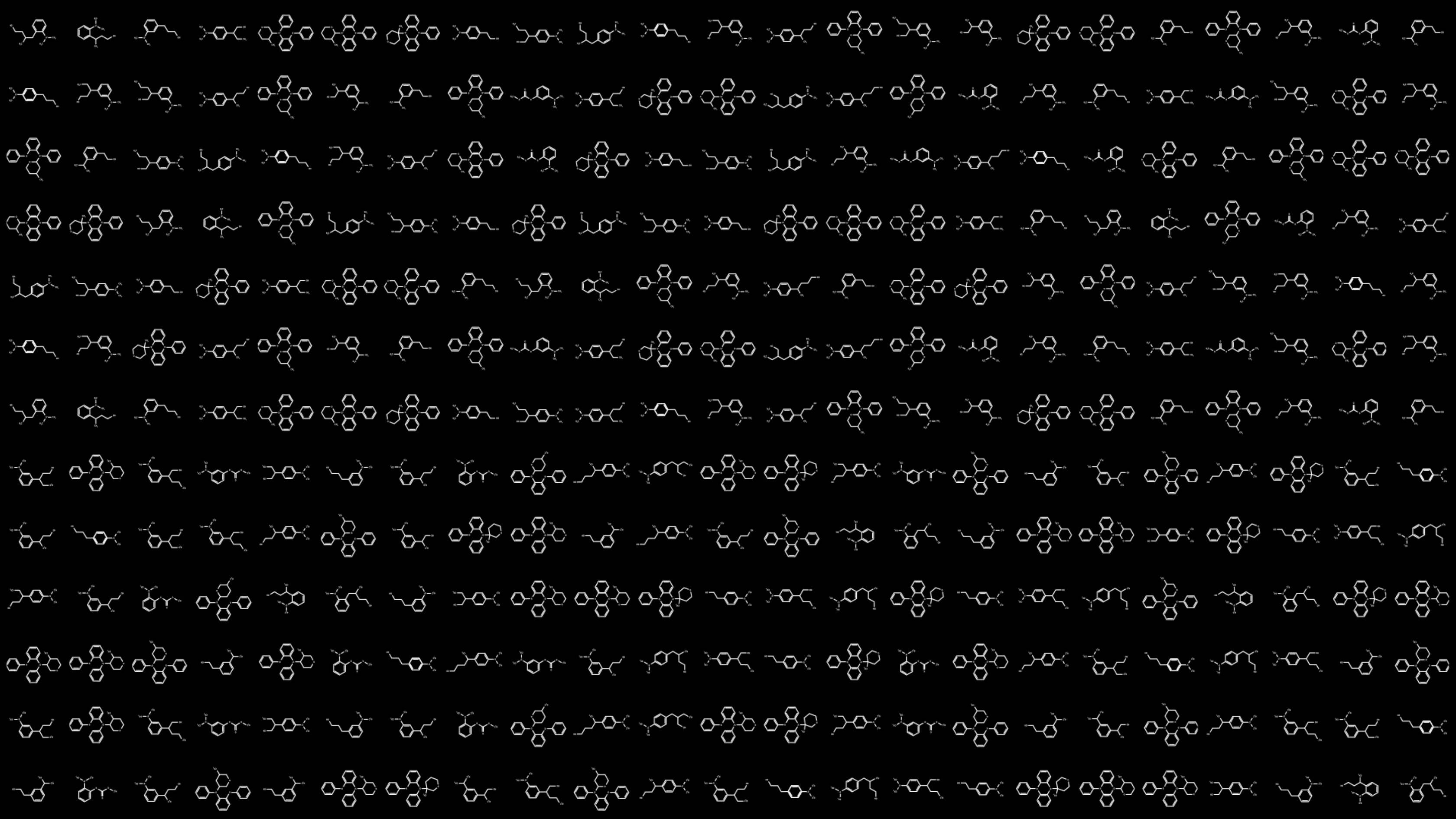A repeating pattern of hand-drawn, doodle-like flowers and squiggles arranged in horizontal rows on a black background.