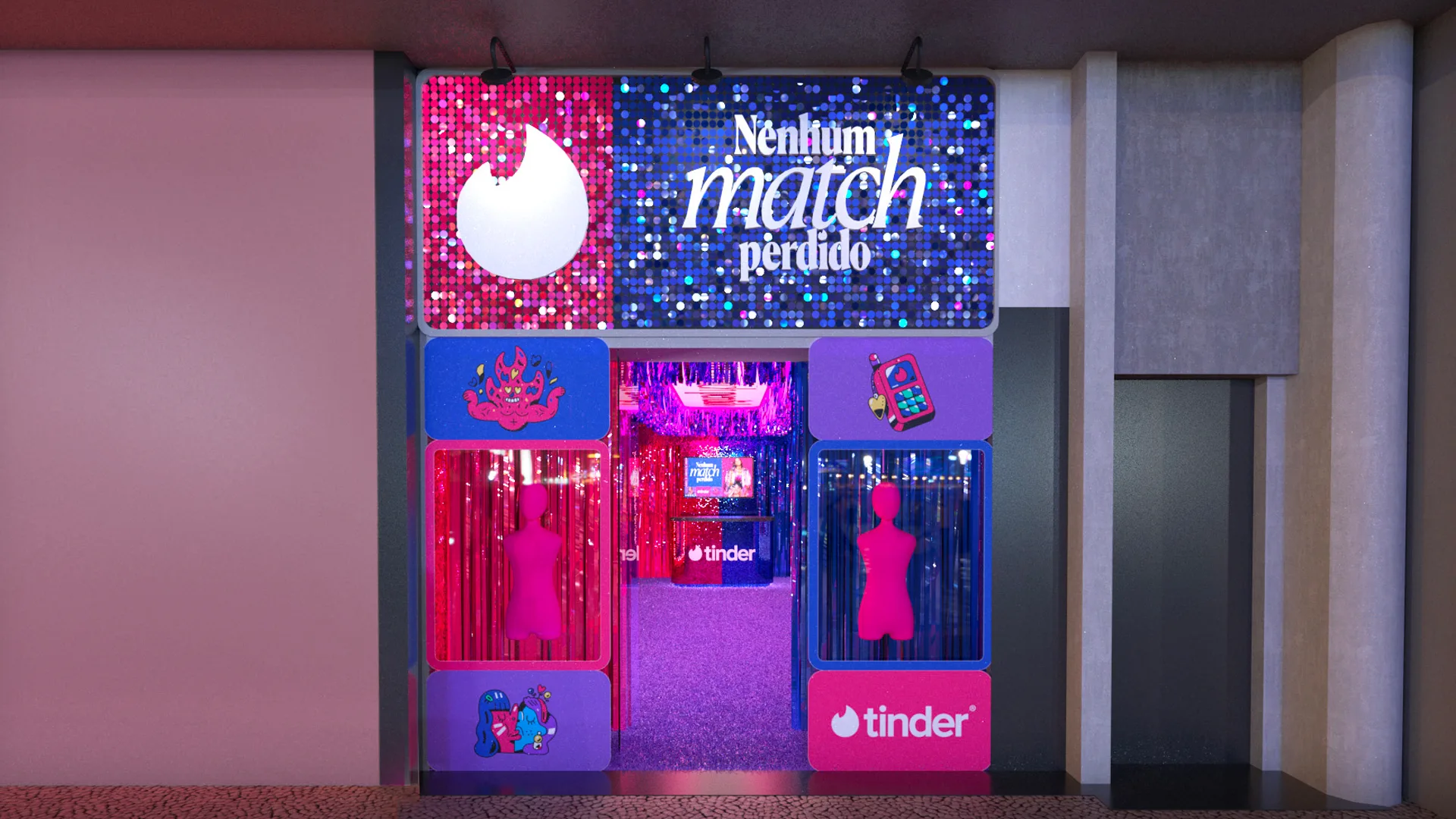 The entrance of a brightly lit Tinder-themed room features shimmering sequins, mannequins, neon lights, and signs reading “Nenhum match perdido” with the Tinder logo above the doorway.