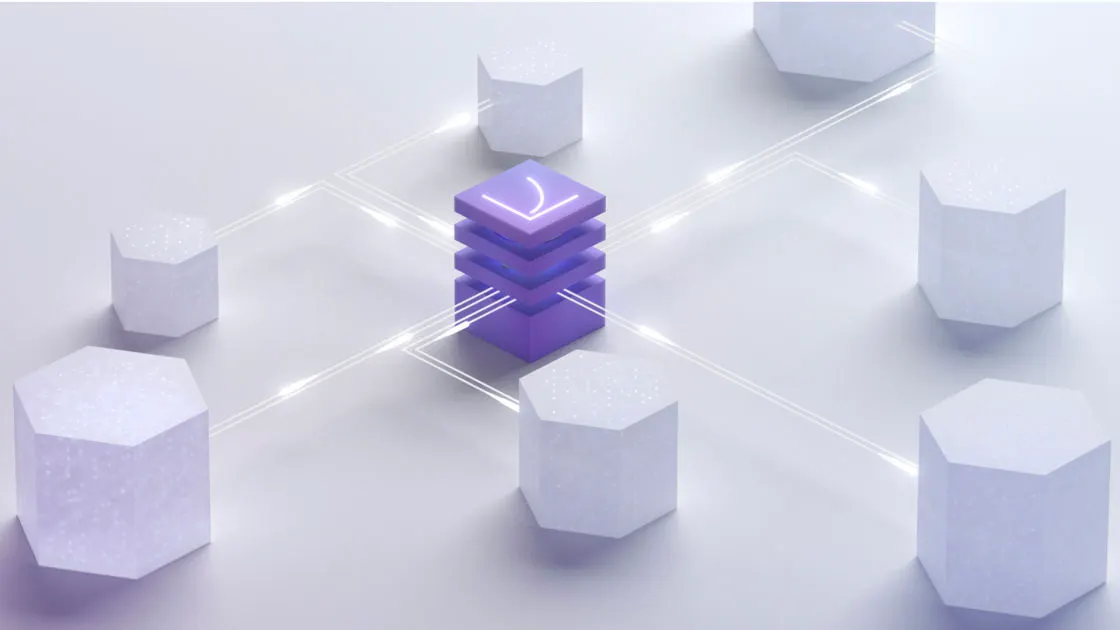 A central purple stack emits glowing lines connecting to six surrounding white hexagonal blocks on a light background, representing a digital or network concept.
