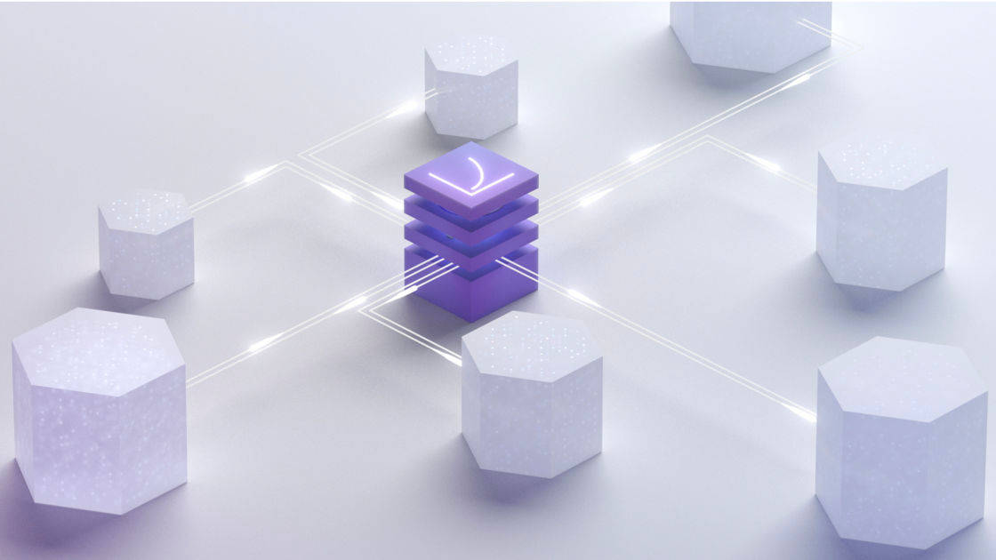 A central purple stack emits glowing lines connecting to six surrounding white hexagonal blocks on a light background, representing a digital or network concept.