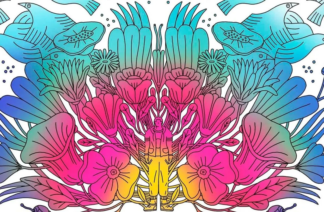 A colorful, symmetrical illustration shows a person standing among large, vibrant flowers with blue birds, green leaves, and decorative patterns in the background. The image blends shades of blue, green, pink, and yellow.