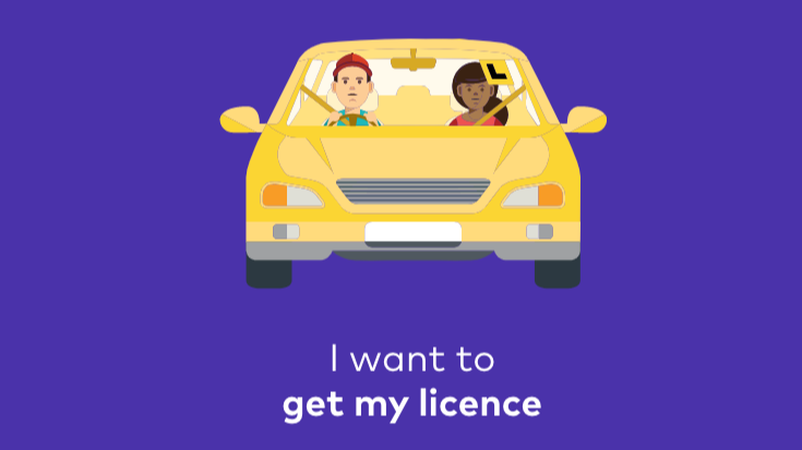 Illustration of a young woman holding a learner’s permit in a yellow car with an adult beside her. Text below reads, “I want to get my licence” on a purple background.