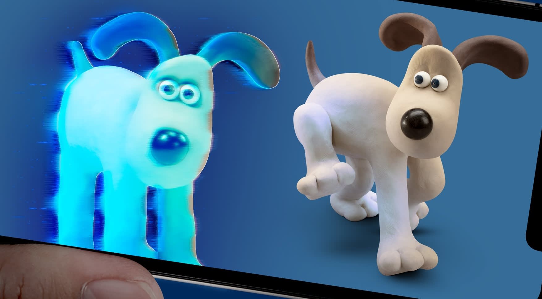 A smartphone screen shows two versions of a claymation dog: one glowing blue and digital-looking, the other in natural clay colors, standing against a plain blue background.