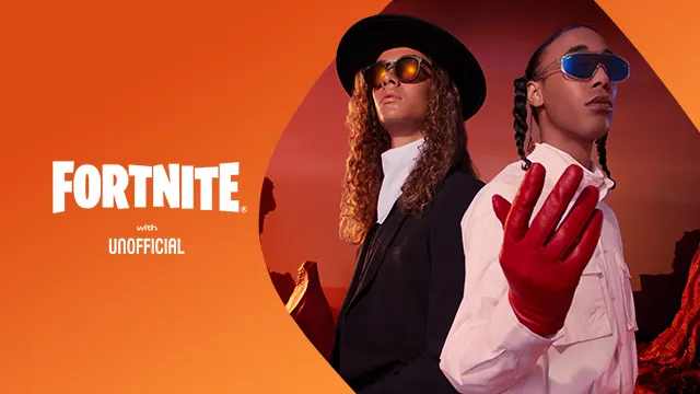 Two stylish individuals pose confidently in futuristic outfits and sunglasses against a vibrant orange background; bold text reads Fortnite with Unofficial.