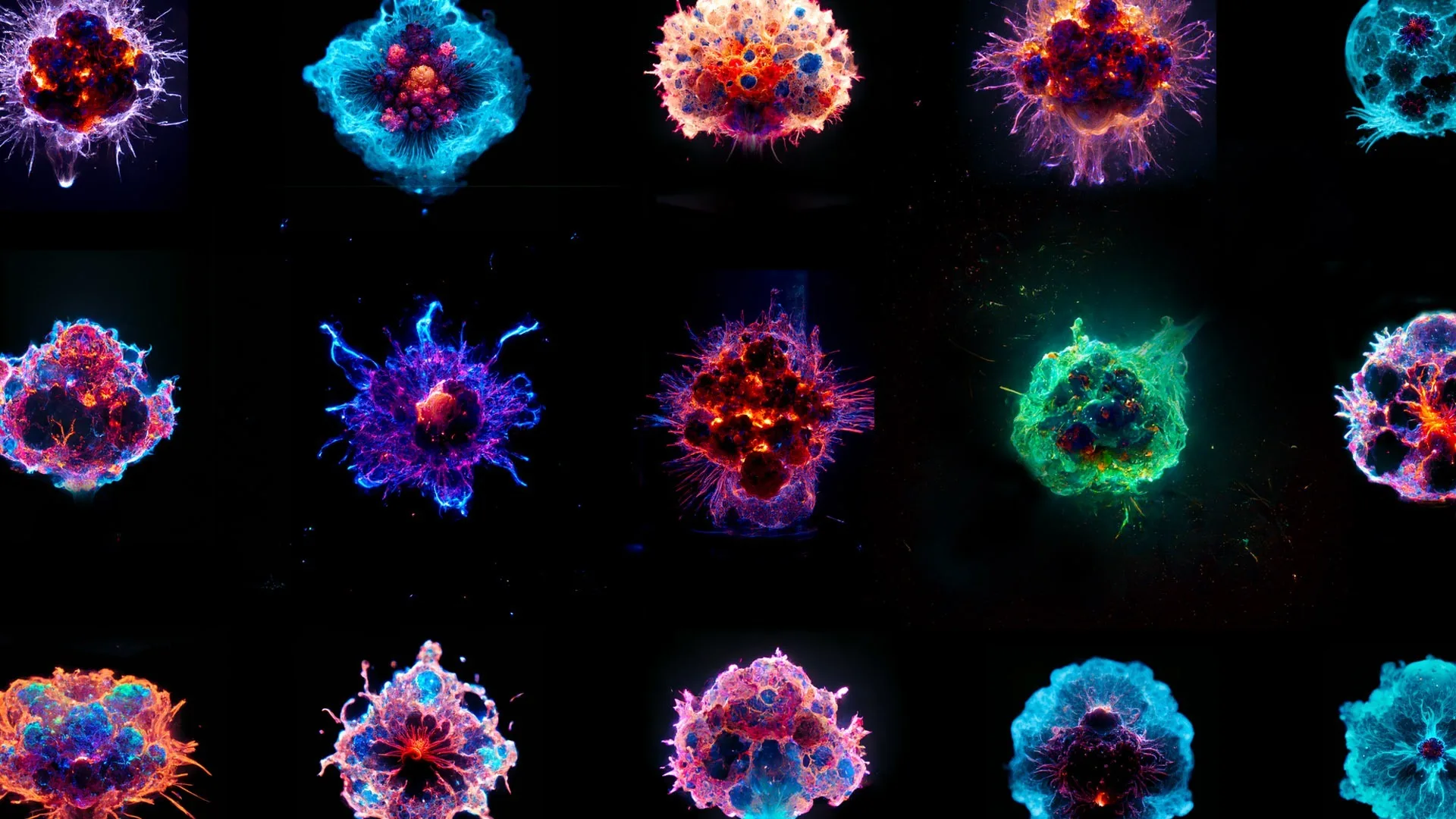 A grid of twelve brightly colored, abstract spherical shapes resembling microscopic cells or bursts of energy, each glowing with different neon hues against a black background.