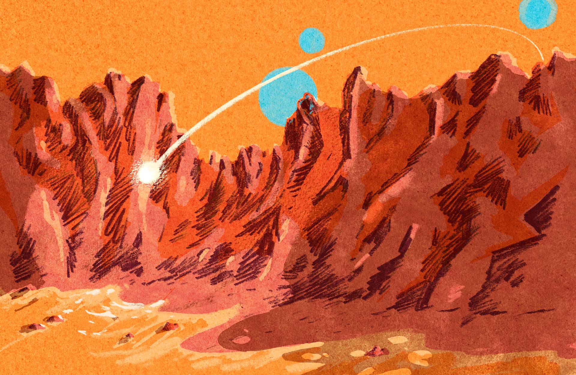 An illustration of a mountain with a shooting star and planet like spheres in the background.