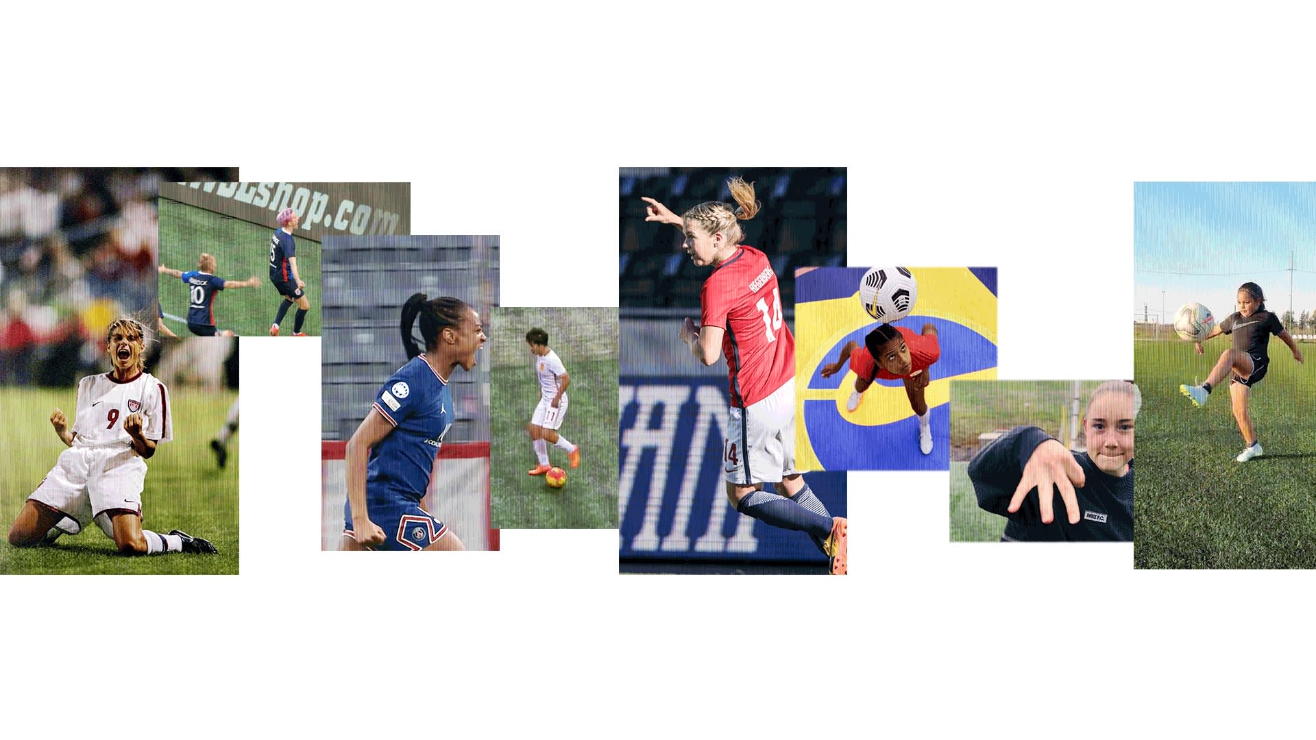 A collage of women’s soccer players in action, including dribbling, kicking, celebrating, and posing with a soccer ball on outdoor fields and stadiums.