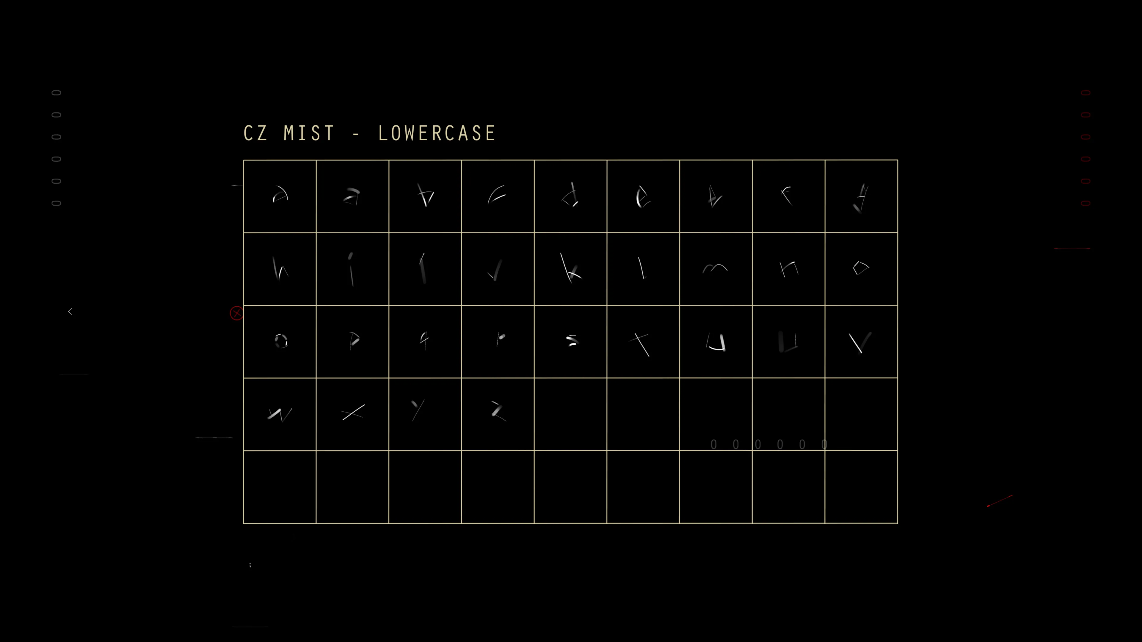 A black chart displays the lowercase alphabet of the CZ Mist font, showing each unique, abstract handwritten character in a grid layout with faint yellow lines and labels.