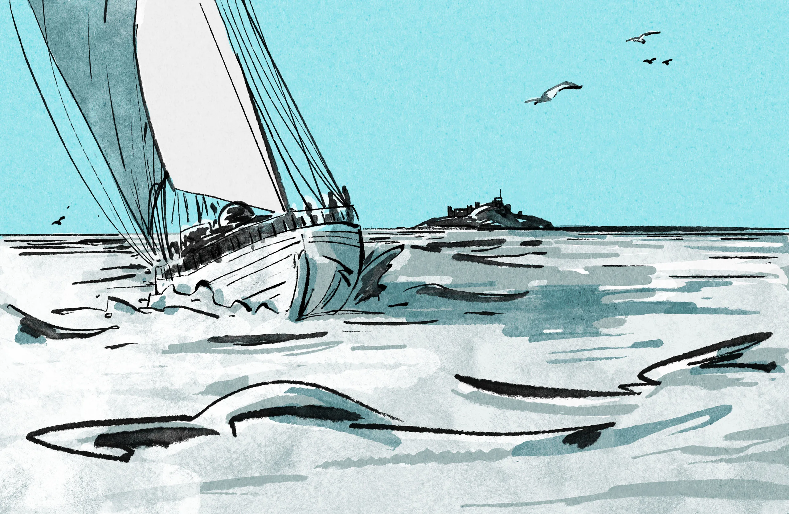 An illustration of a sail boat in the sea with an island and birds in the background.