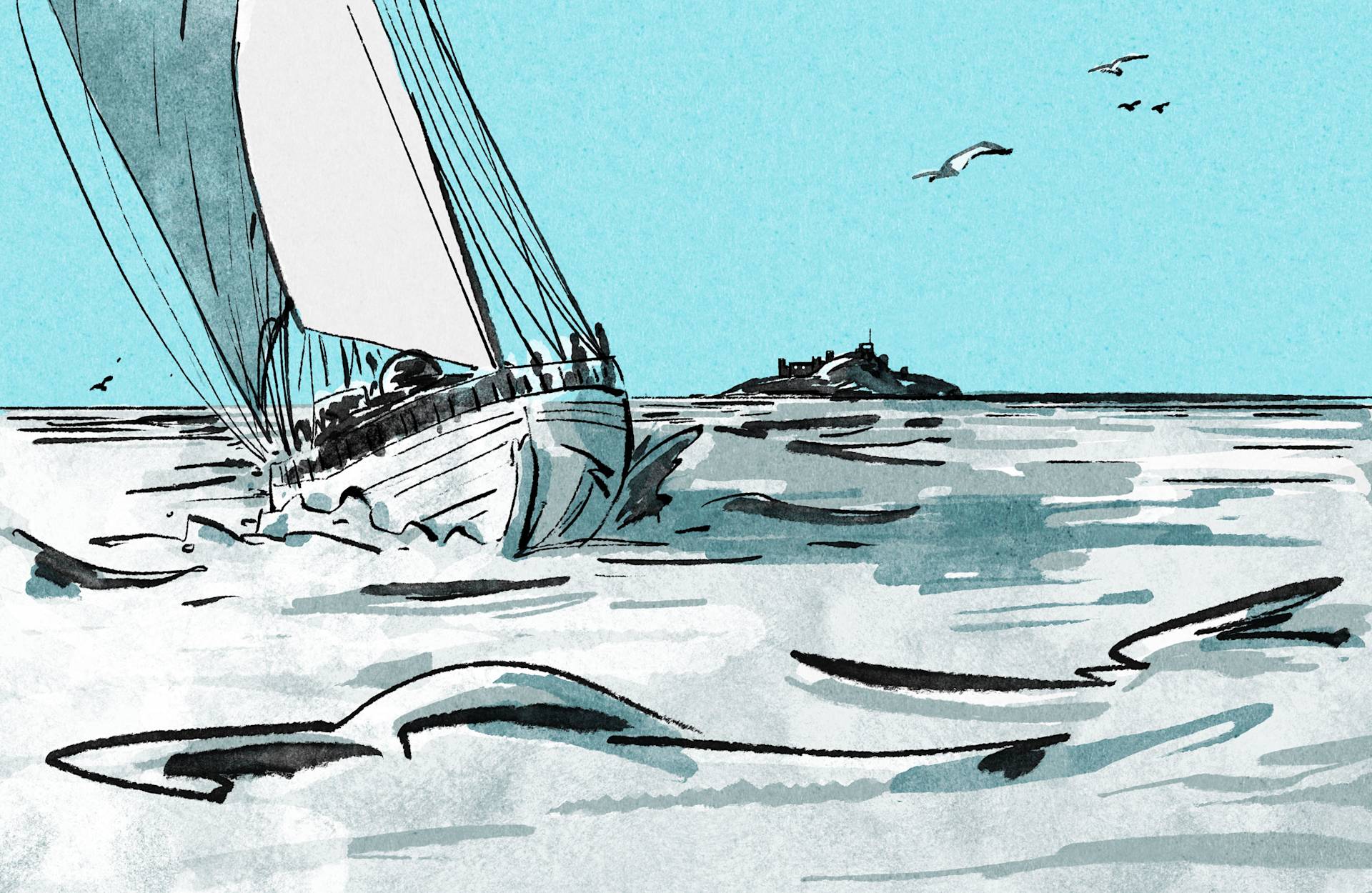 An illustration of a sail boat in the sea with an island and birds in the background.