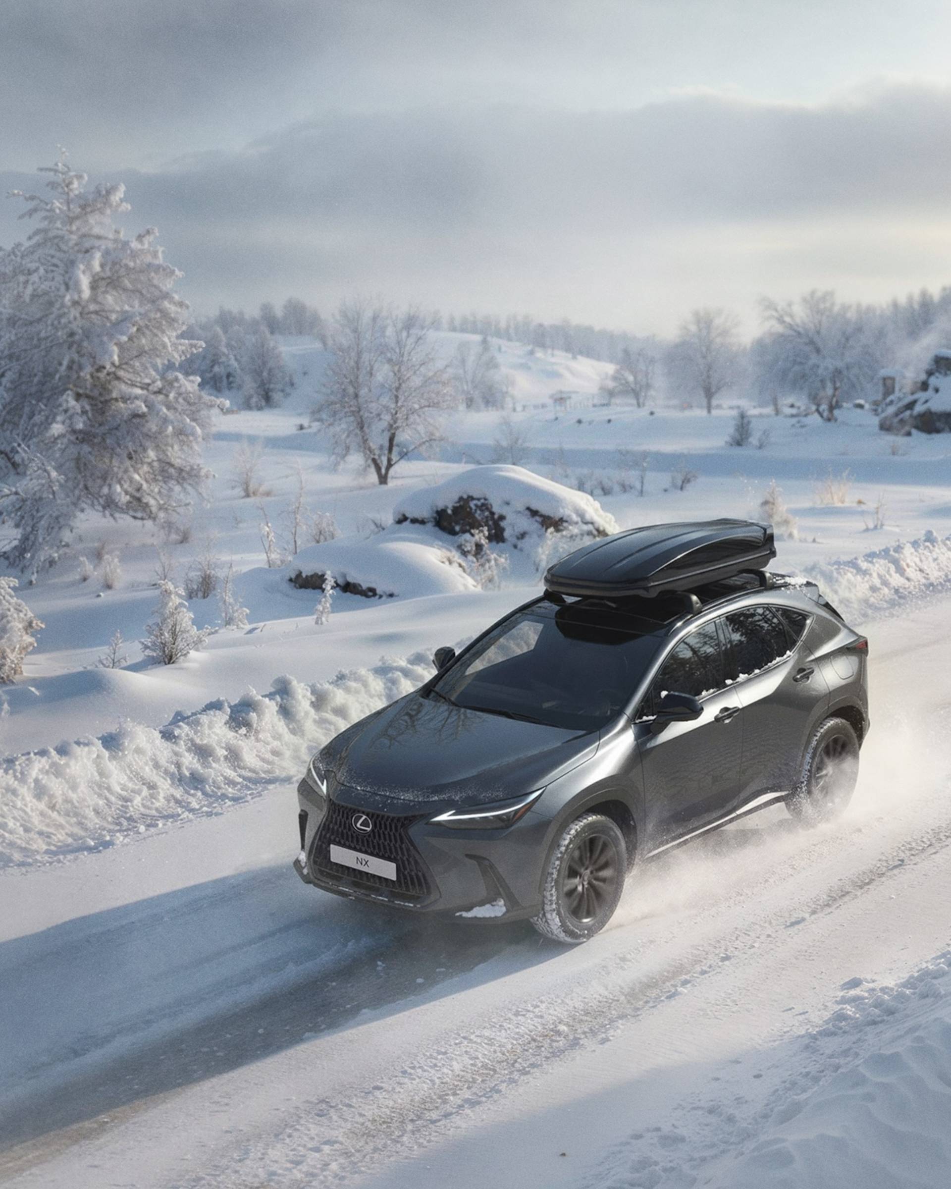 A dark gray SUV with a roof box drives through a snowy, rural landscape. Snow-covered trees and fields surround the road, and the sky is cloudy with soft sunlight.