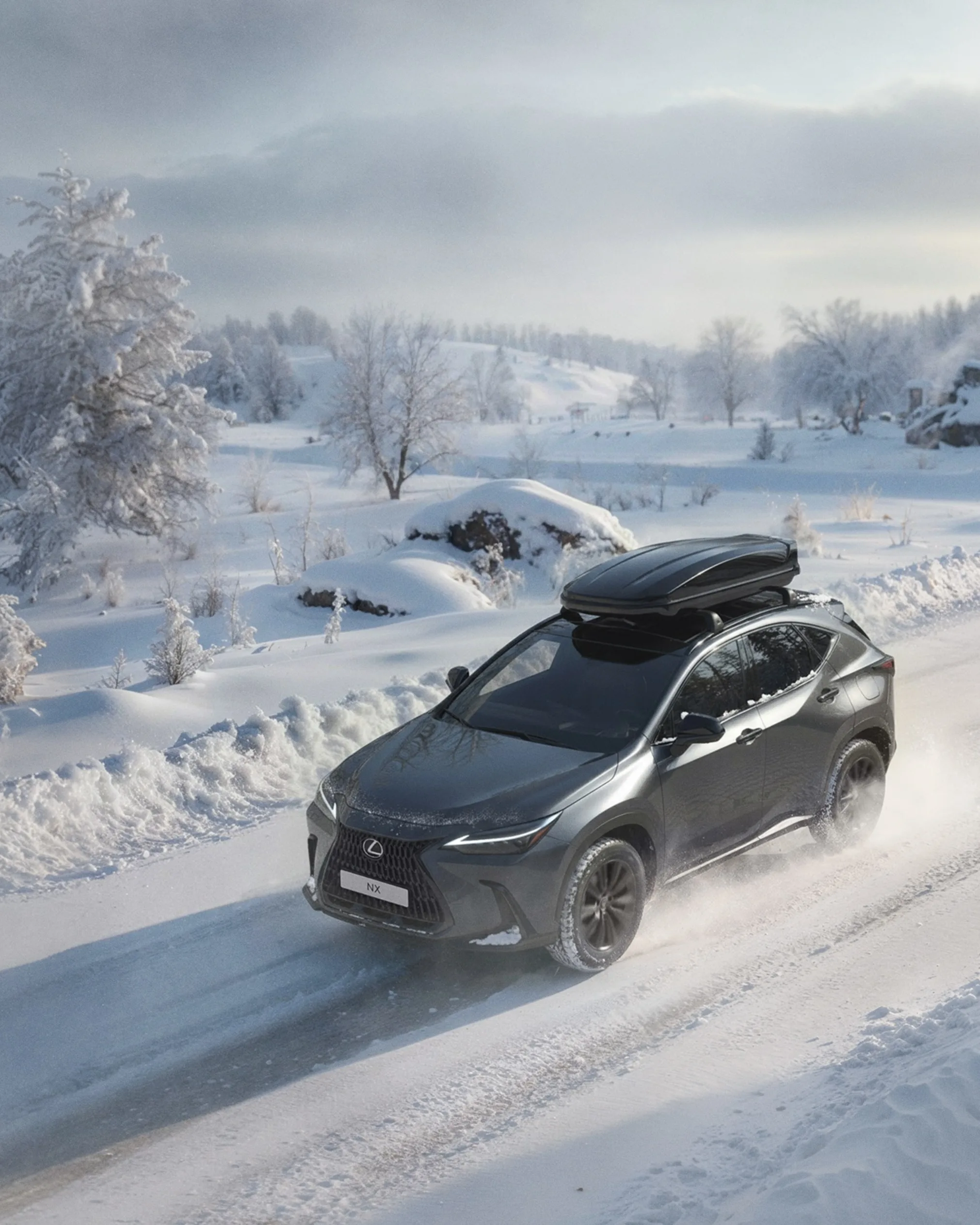 A dark gray SUV with a roof box drives through a snowy, rural landscape. Snow-covered trees and fields surround the road, and the sky is cloudy with soft sunlight.
