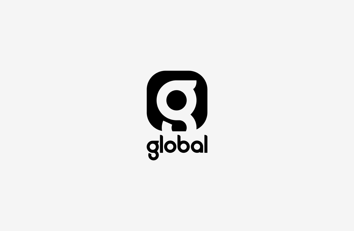 A black and white logo featuring a lowercase g inside a rounded square above the word global in lowercase letters on a light gray background.