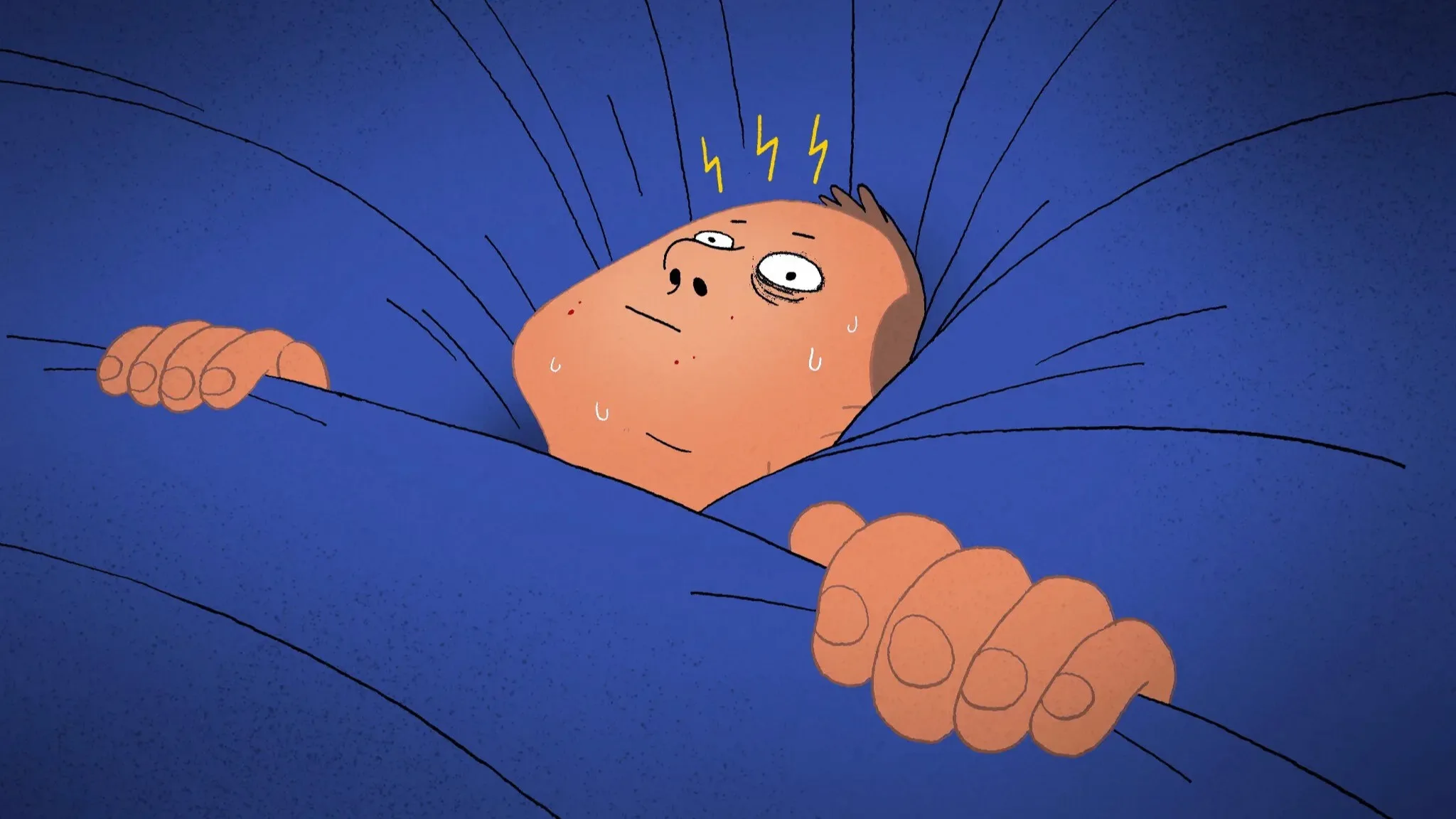 A cartoon person lies in bed with wide, anxious eyes, sweating and gripping a blue blanket tightly, with yellow stress lines above their head, suggesting they are feeling anxious or scared.