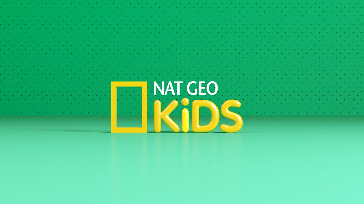 Nat Geo Kids logo in yellow and white text on a green background with small black dots and a shiny floor.