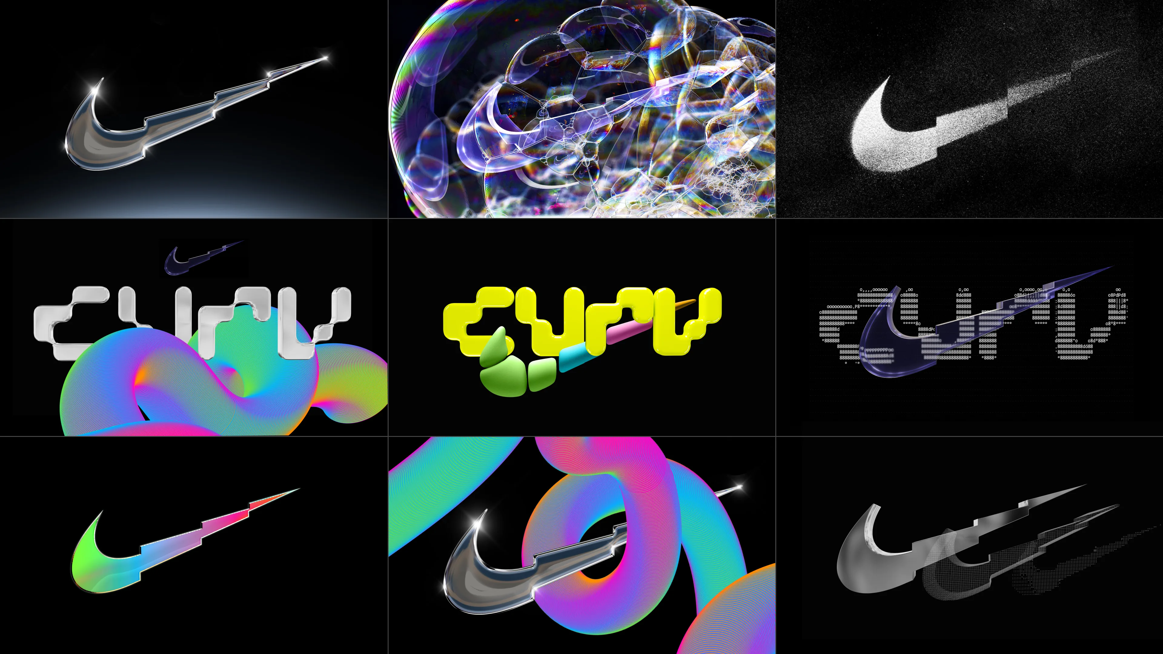 A collage of nine images featuring variations of the Nike Swoosh logo and the word “CURV,” each stylized with colorful, abstract, and futuristic effects, including metallic, bubble, neon, and glitch designs.