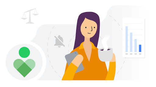 Illustration of a woman with purple hair holding a phone and a cup, with icons of a scale, bar chart, and notification bell in the background, suggesting balance between work and relaxation.