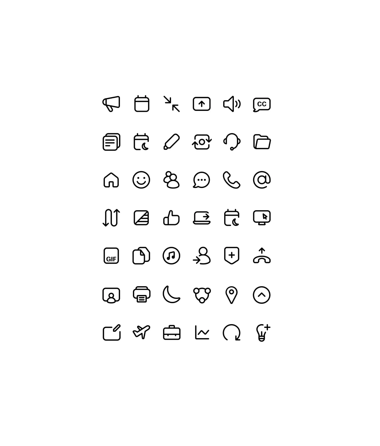 A grid of 40 black, minimalist icons on a white background, including calendar, chat, pencil, user, folder, smiley face, thumbs up, phone, envelope, music note, location pin, airplane, briefcase, lightbulb, and more.