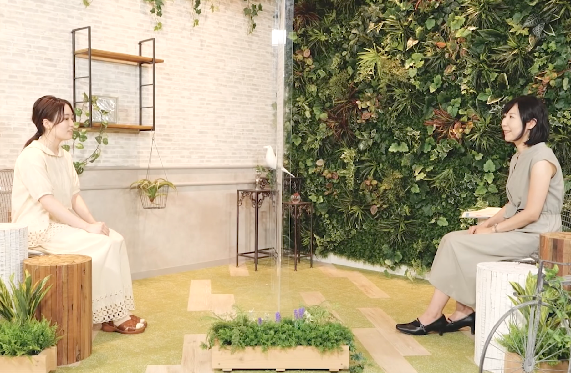Two women sit facing each other in a bright room with a green plant wall and decorative shelves. A clear divider separates them, and the floor has patches of grass and wooden tiles. Both women are smiling.