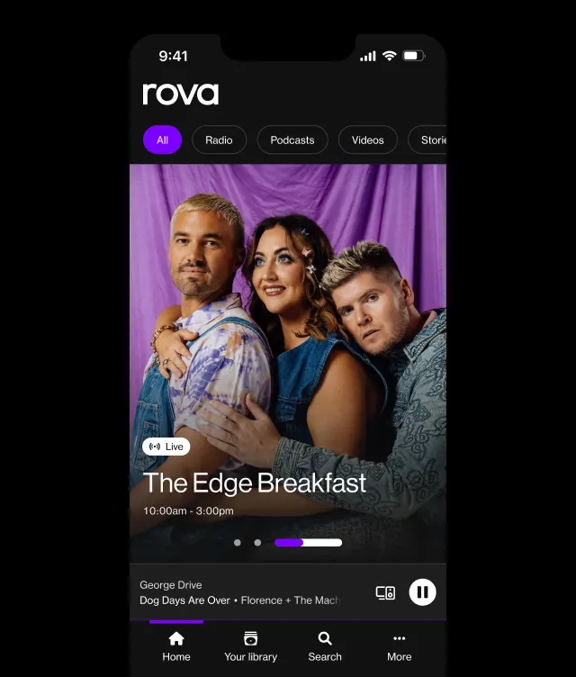 A smartphone screen displays the Rova app, showing The Edge Breakfast radio show with three hosts posing in front of a purple backdrop. The time is 10:00am - 3:00pm, and music information is visible at the bottom.