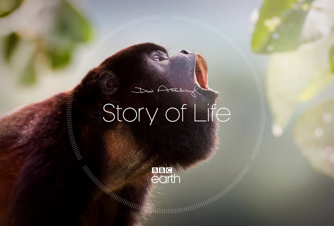 A howler monkey with its mouth open is pictured against a blurred green background. Overlaid text reads David Attenborough, Story of Life, BBC Earth.