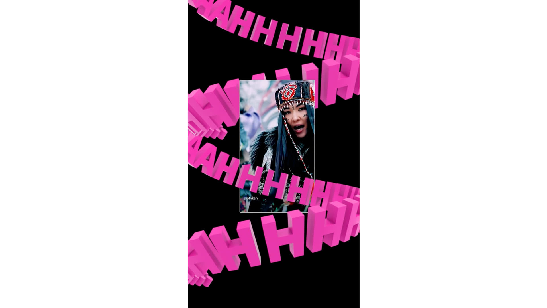 A person in a colorful hat and dark clothing is centered in the image, surrounded by spiraling pink 3D text that reads “AHHHHH” on a black background. The person has an expressive, surprised face.