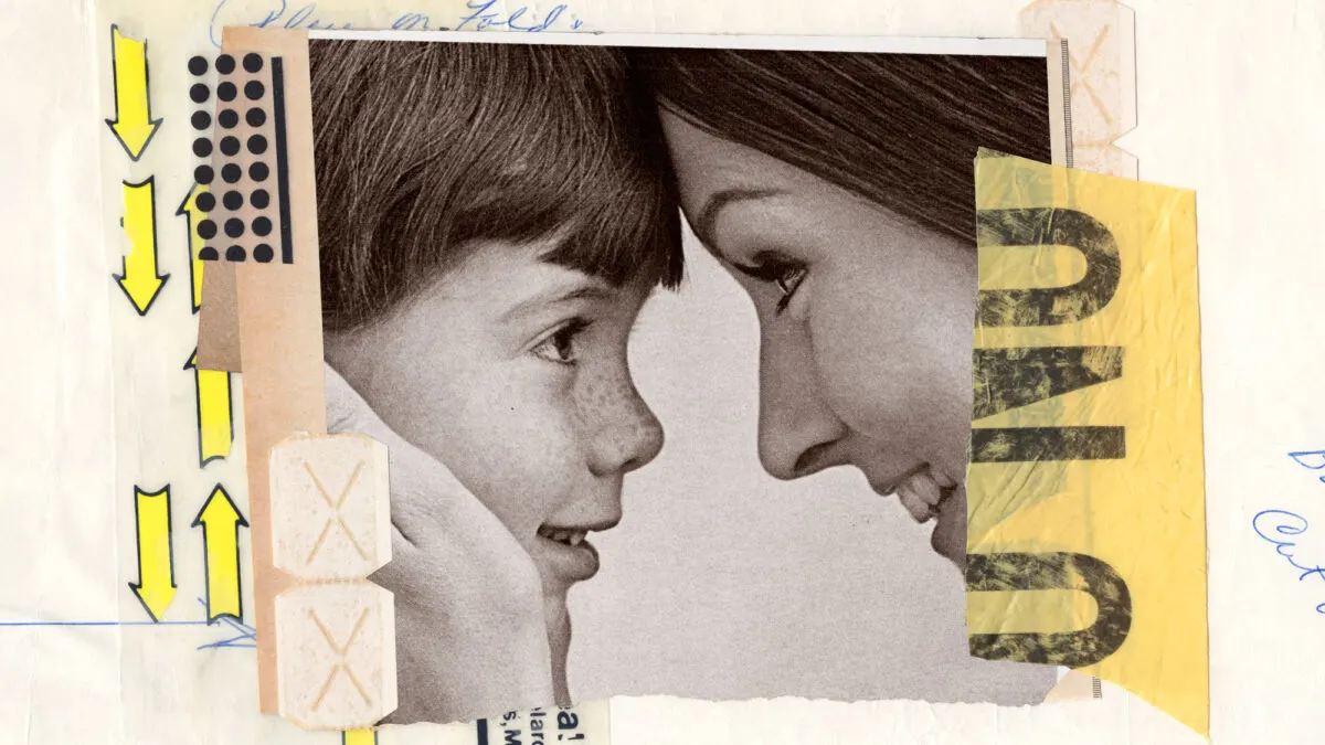 A black-and-white photo of a smiling woman and child touching foreheads, surrounded by colored tape, arrows, dots, and other collage elements on a textured paper background.