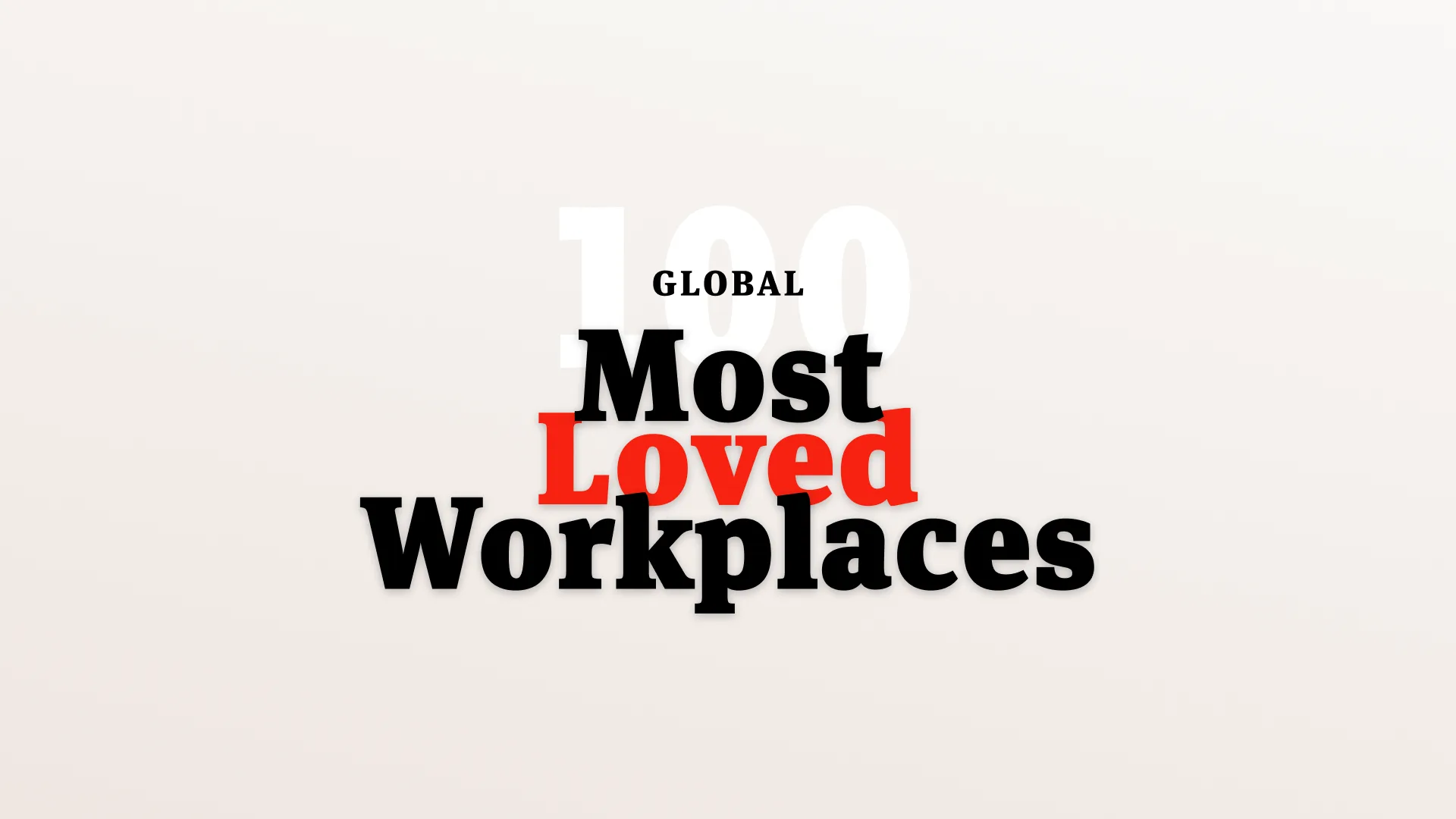 Text graphic reading Global 100 Most Loved Workplaces with Loved highlighted in red, and the rest of the text in black on a light background.