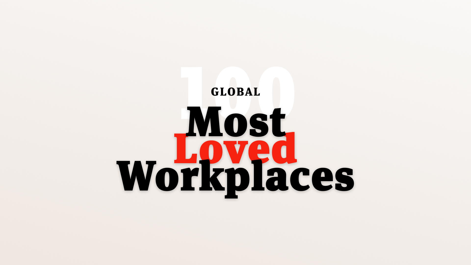 Text graphic reading Global 100 Most Loved Workplaces with Loved highlighted in red, and the rest of the text in black on a light background.