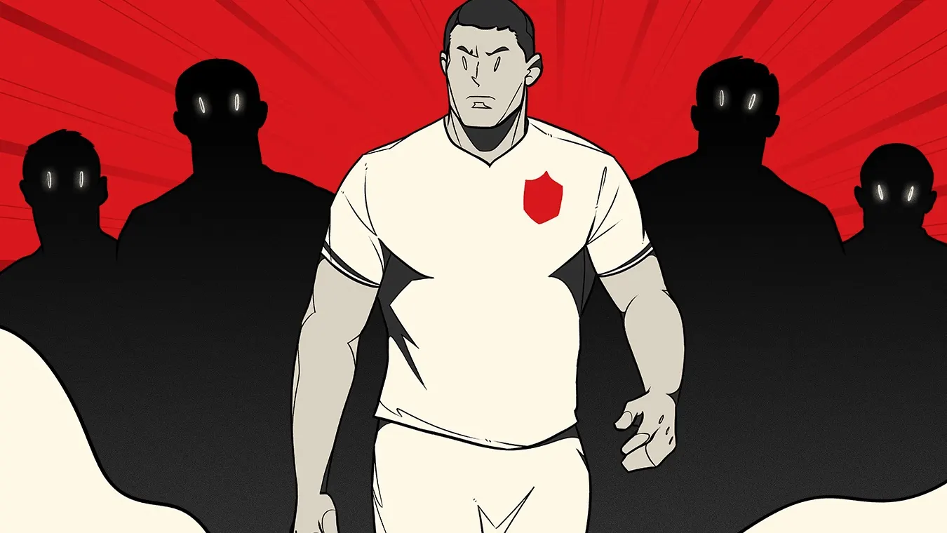 A serious cartoon soccer player in a white uniform stands in front of four shadowy figures with glowing eyes, set against a red background with radiating lines.