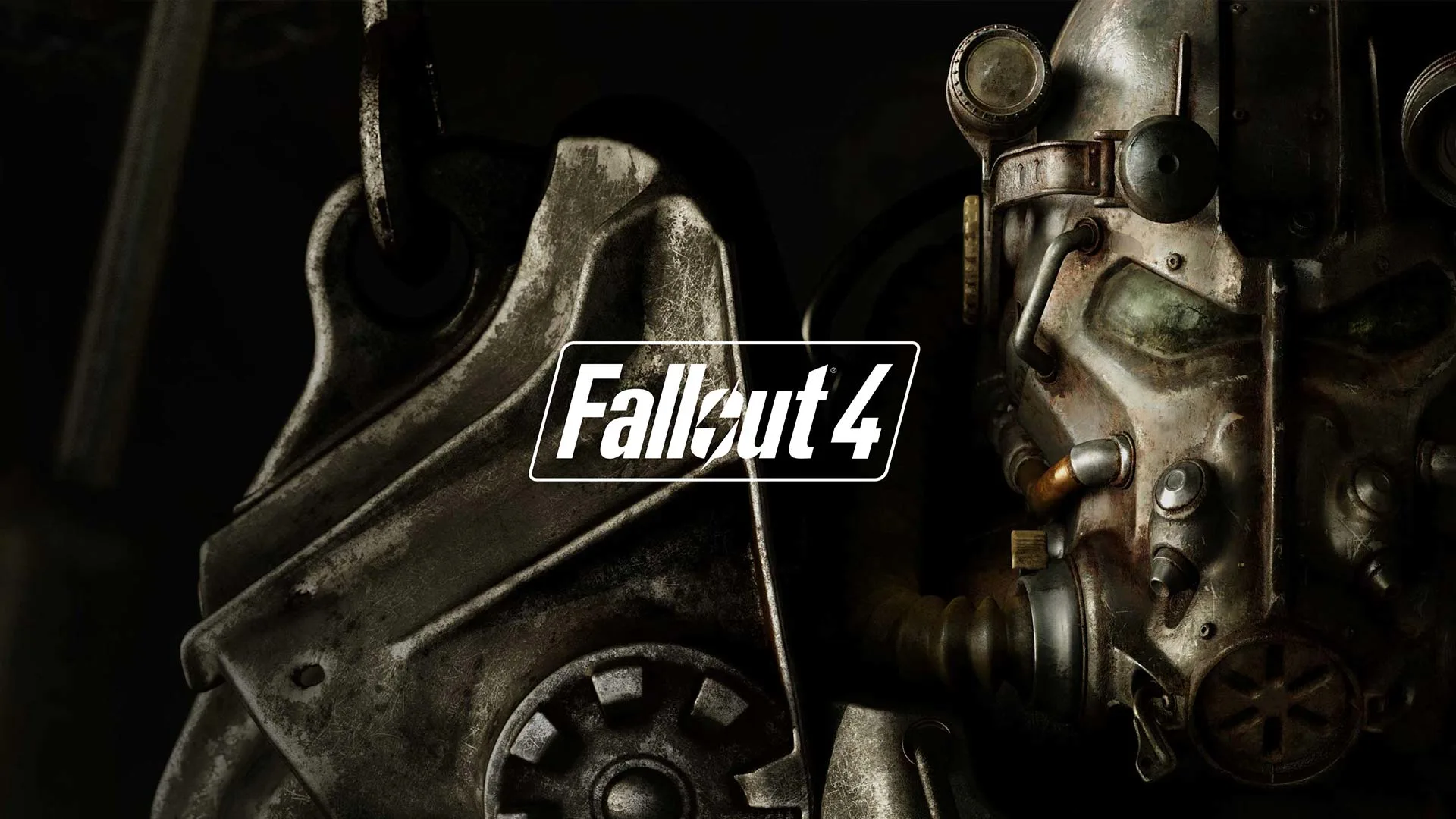 Close-up of a metallic, battle-worn power armor helmet from the video game Fallout 4, with the games logo centered in white text across the image.