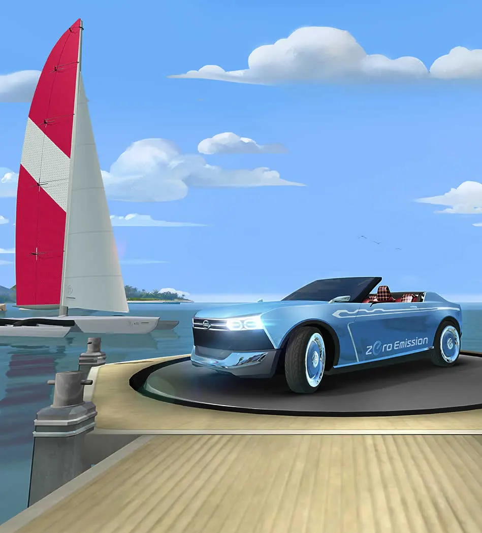 A futuristic blue convertible car labeled Zero Emission is parked on a dock near the water, with a sailboat featuring a white and red sail in the background under a partly cloudy sky.