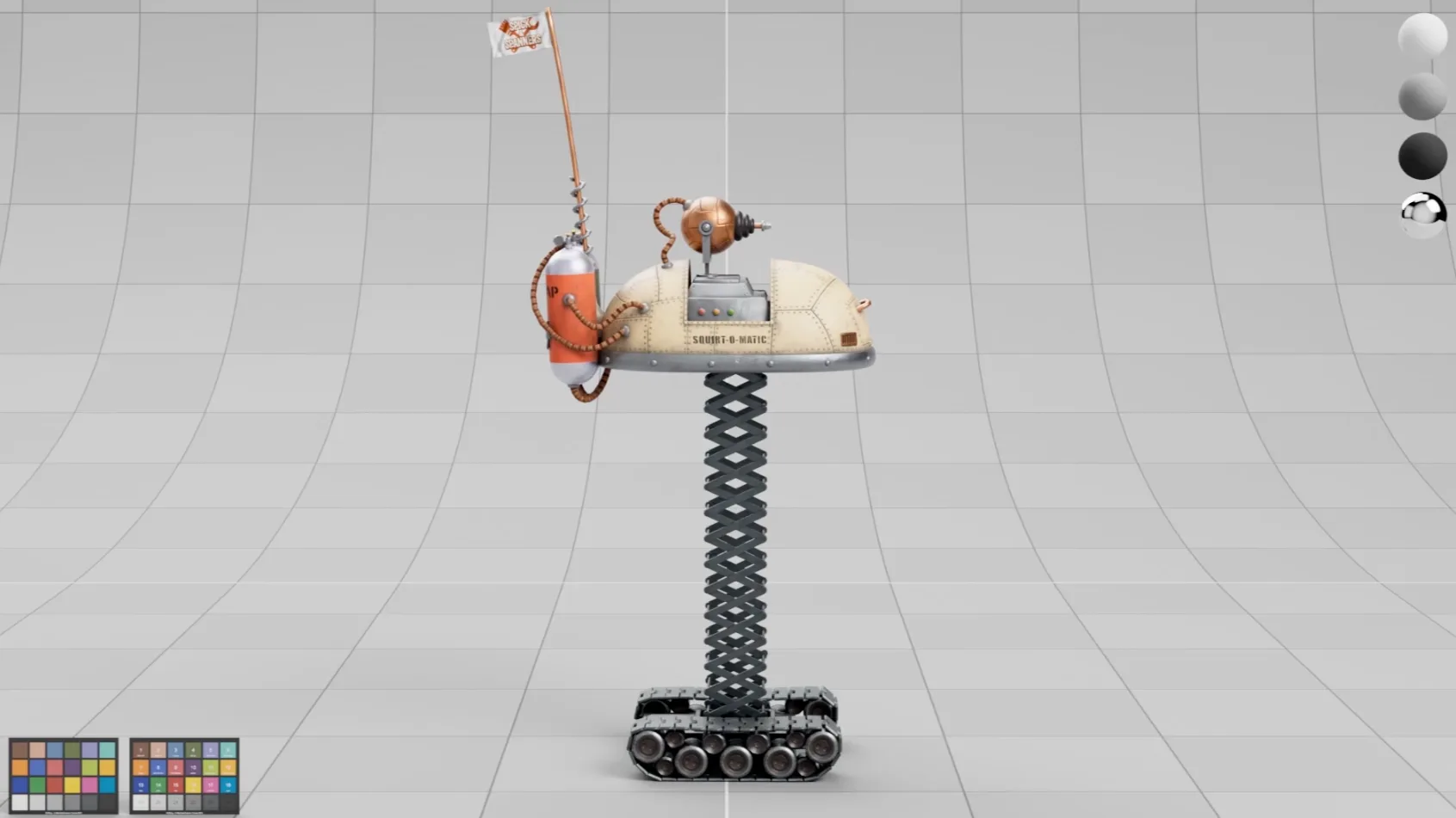 A whimsical robot with a beige dome top, spring-like body, tank tracks, and an orange flag stands on a grid-patterned floor. Control buttons and color swatches are visible on the right and bottom edges.