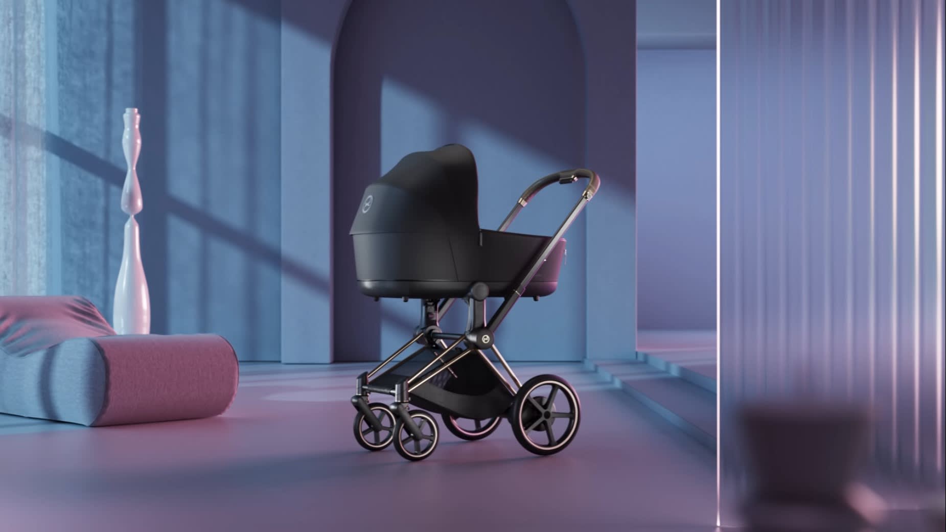 A modern black baby stroller with metallic frame stands in a stylish, minimalist room with purple and blue tones, soft lighting, and geometric décor elements including a curved seat and tall vase.