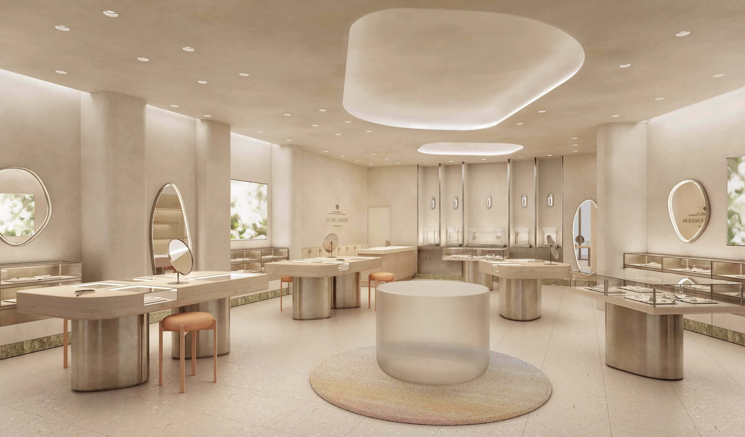 A modern jewelry store interior with curved display tables, round mirrors, soft lighting, and beige walls. The space feels spacious and elegant, with neutral tones and minimalistic design accents throughout.
