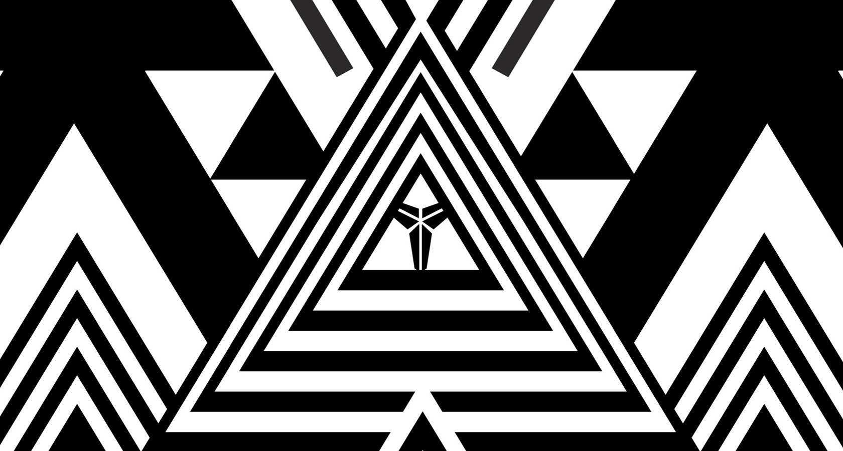 Black and white geometric pattern featuring concentric triangles and zigzag lines, with a stylized logo resembling a mask or emblem at the center of the largest triangle.