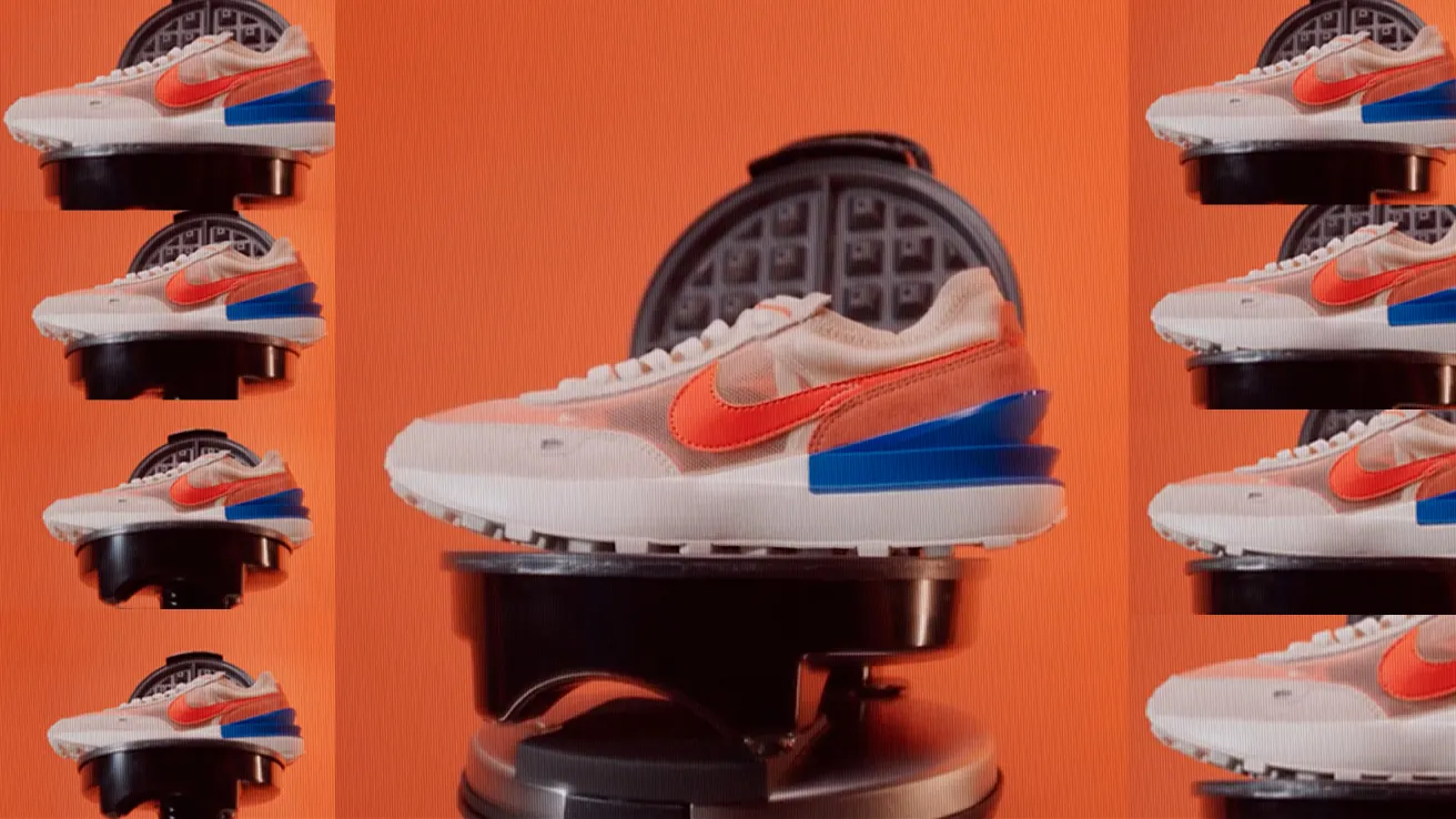 A sneaker with a red Nike swoosh and blue heel rests on an open waffle maker, with the same image repeated in a grid pattern against an orange background.