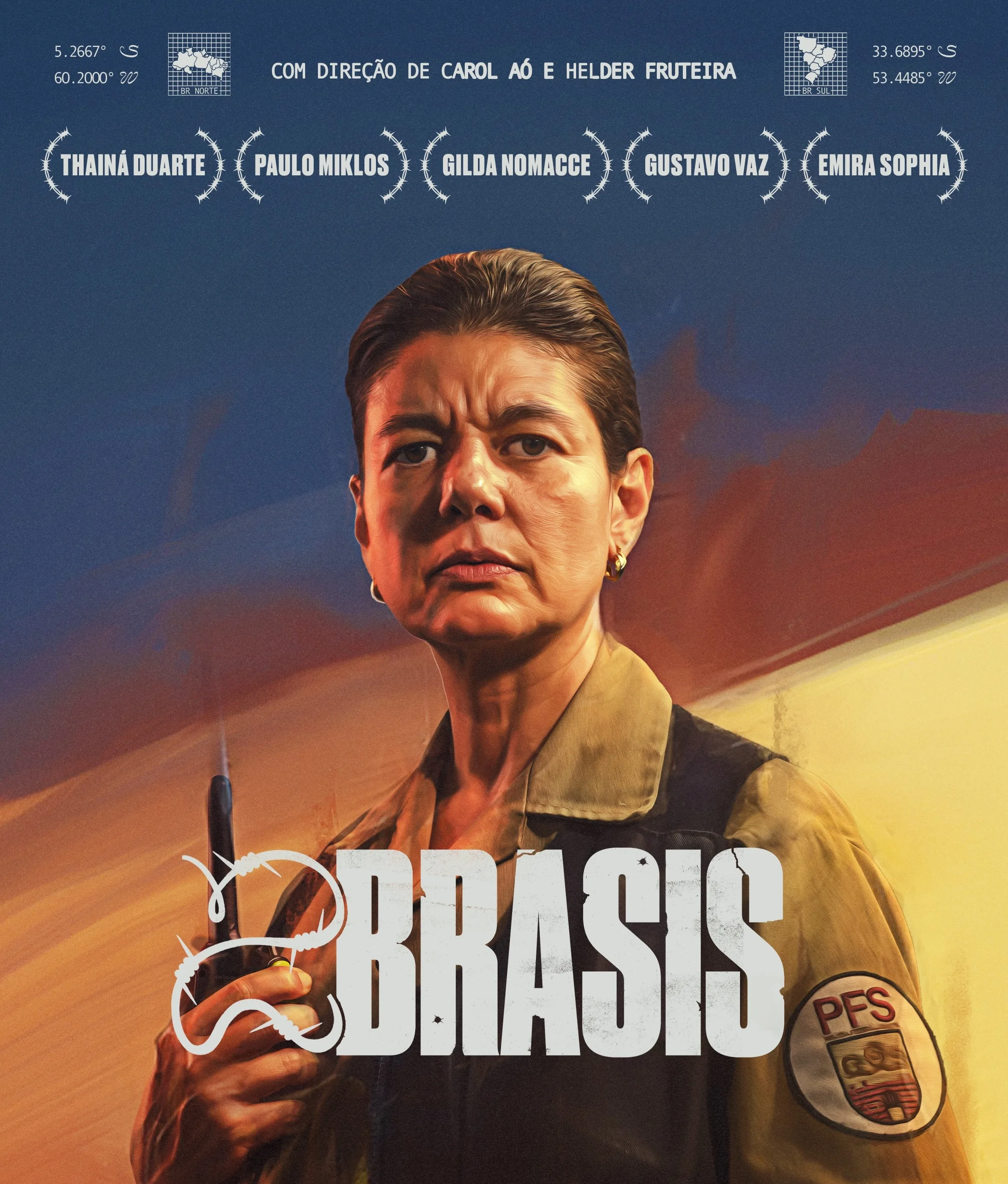 A stern woman in a uniform with a badge stands holding a cigarette, set against a dramatic sky. The title “Brasis” appears below, along with actors’ names and geographical coordinates at the top.