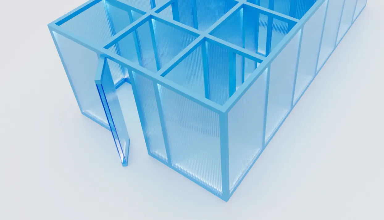 A 3D-rendered image of a modern, transparent blue glass building with an open door and multiple rectangular sections visible from an angled top view.