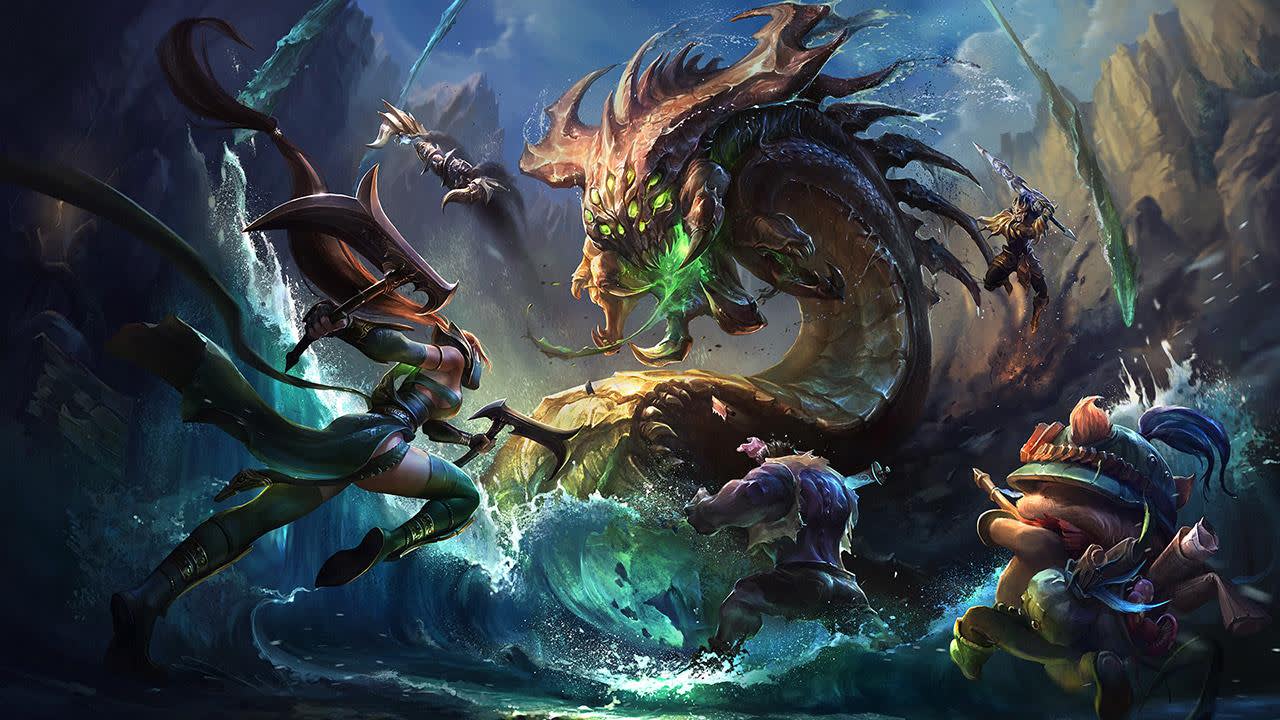 Four fantasy warriors face a giant, glowing sea serpent in a stormy, rocky arena, preparing for battle as water splashes and energy swirls around them.