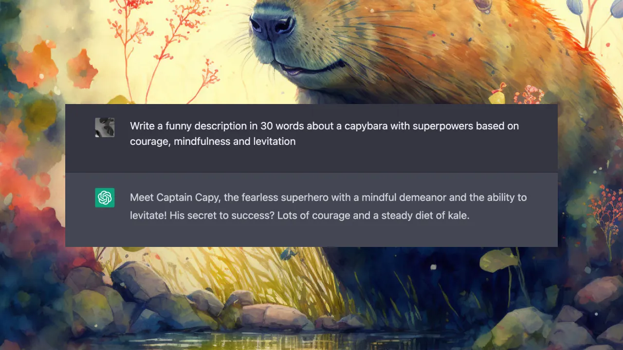 A digital illustration of a capybara by a pond, with a forest background. Overlaid is a text exchange about a superhero capybara with courage, mindfulness, and levitation powers. Capybara’s face and chest are visible.