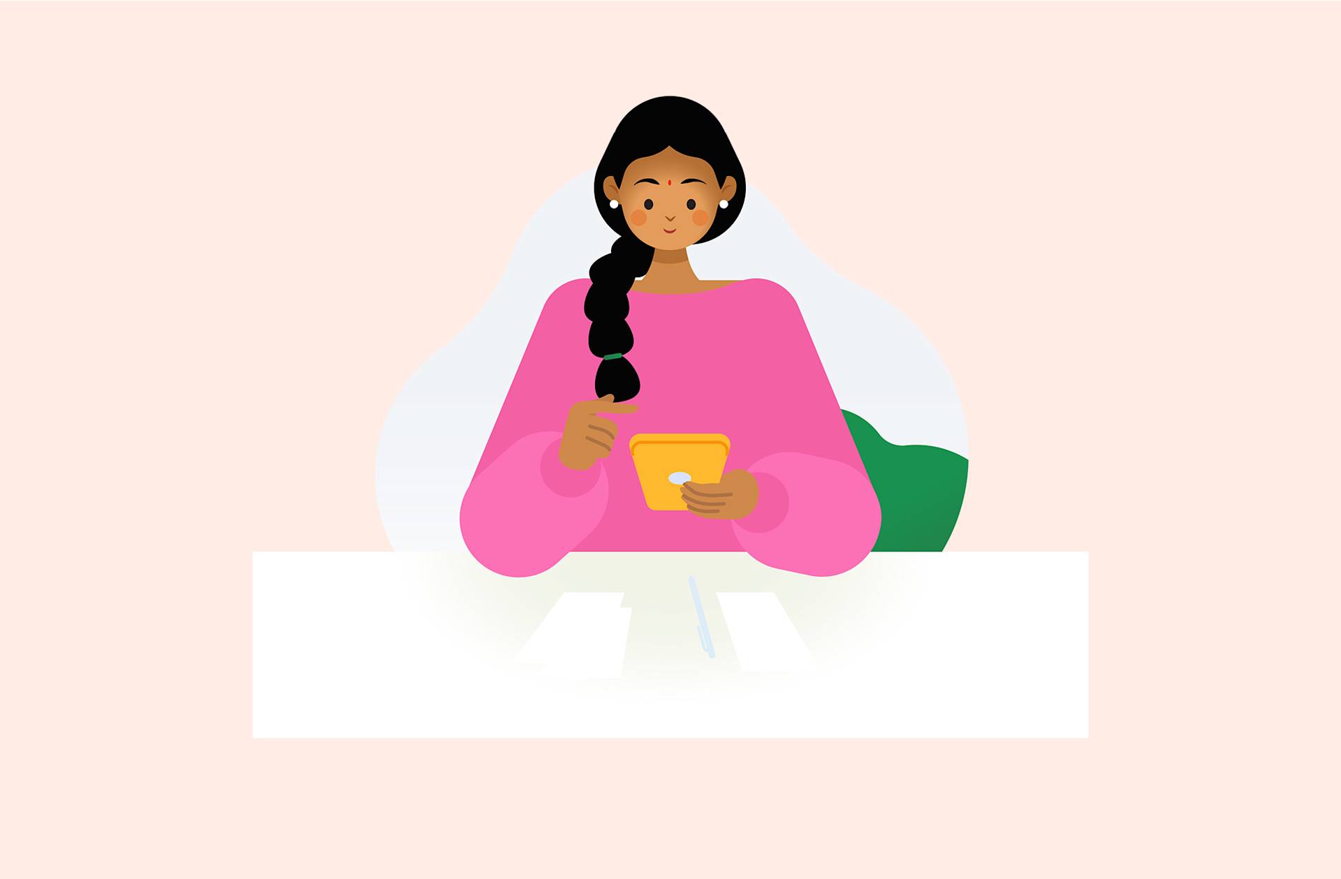 Illustration of a woman with long dark hair in a braid, wearing a pink sweater, sitting at a table and using a tablet with a stylus. There are papers and a pen on the white table in front of her.